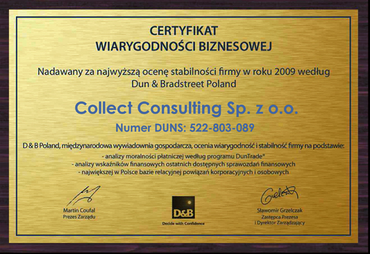 Certyfikat Wiarygodności Biznesowej dla Collect Consulting S.A.