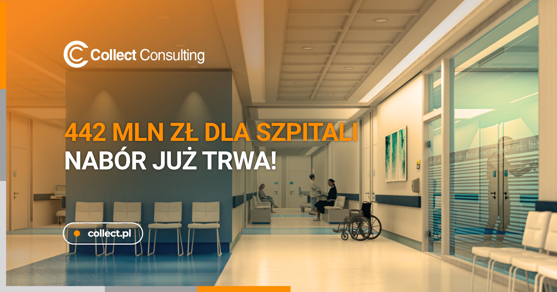 Grafika promocyjna Collect Consulting przedstawiająca nowoczesne wnętrze szpitala z poczekalnią i korytarzem. Na pierwszym planie widać białe krzesła, w tle pacjentów i personel medyczny. Główny tekst w kolorze pomarańczowym głosi "442 MLN ZŁ DLA SZPITALI NABÓR JUŻ TRWA!" z logo firmy i stroną internetową collect.pl.