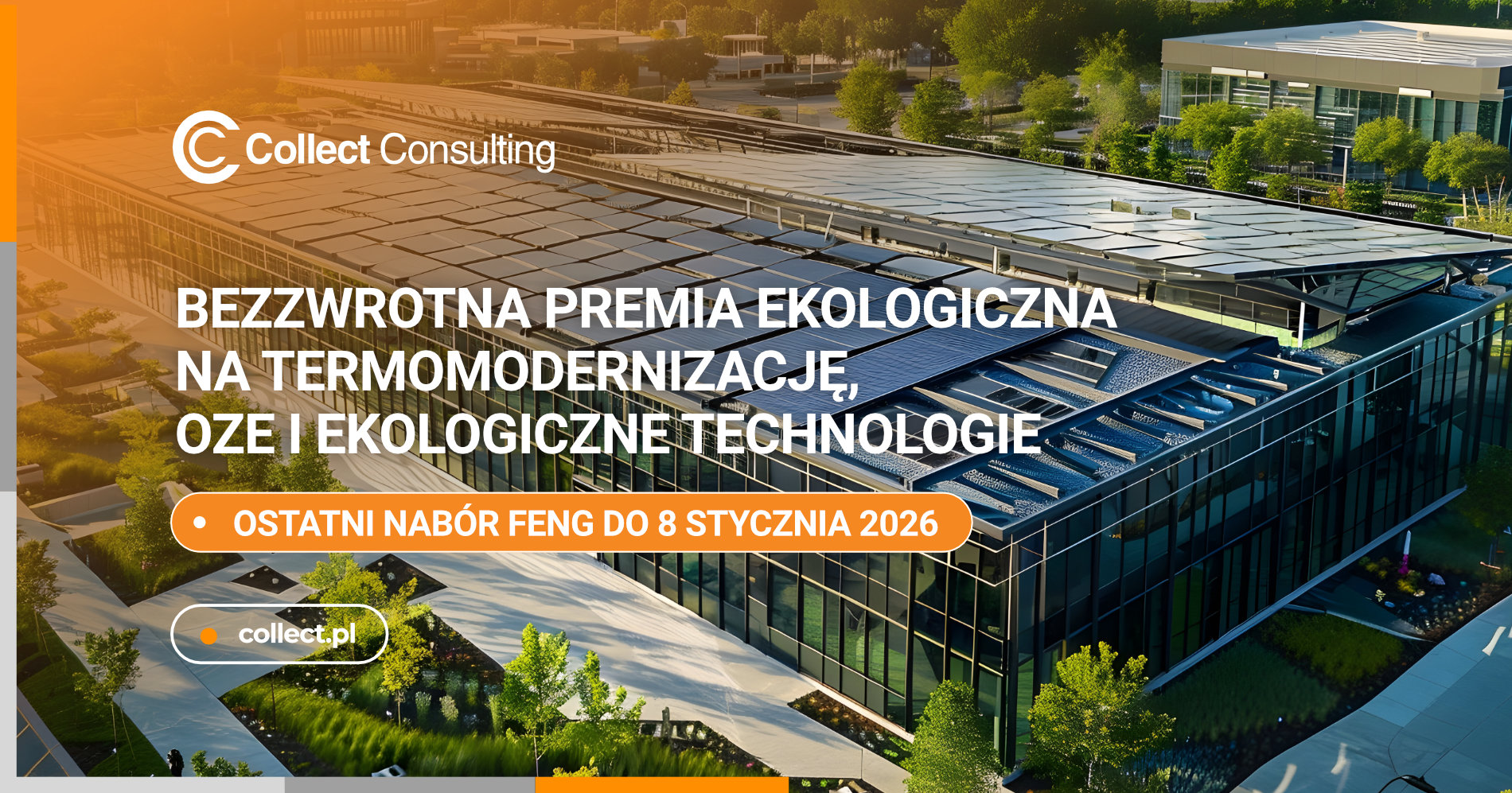 Nowoczesny budynek przemysłowy z panelami fotowoltaicznymi na dachu i zieloną infrastrukturą - bezzwrotna premia ekologiczna FENG na termomodernizację, OZE i ekologiczne technologie dla firm do 8 stycznia 2026