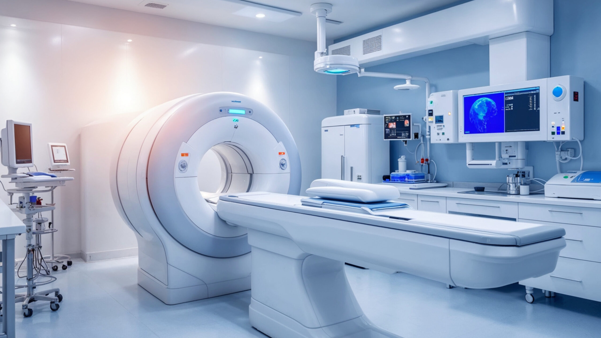 Nowoczesna pracownia diagnostyki onkologicznej z tomografem komputerowym i zaawansowanym sprzętem medycznym w sterylnym pomieszczeniu szpitalnym
