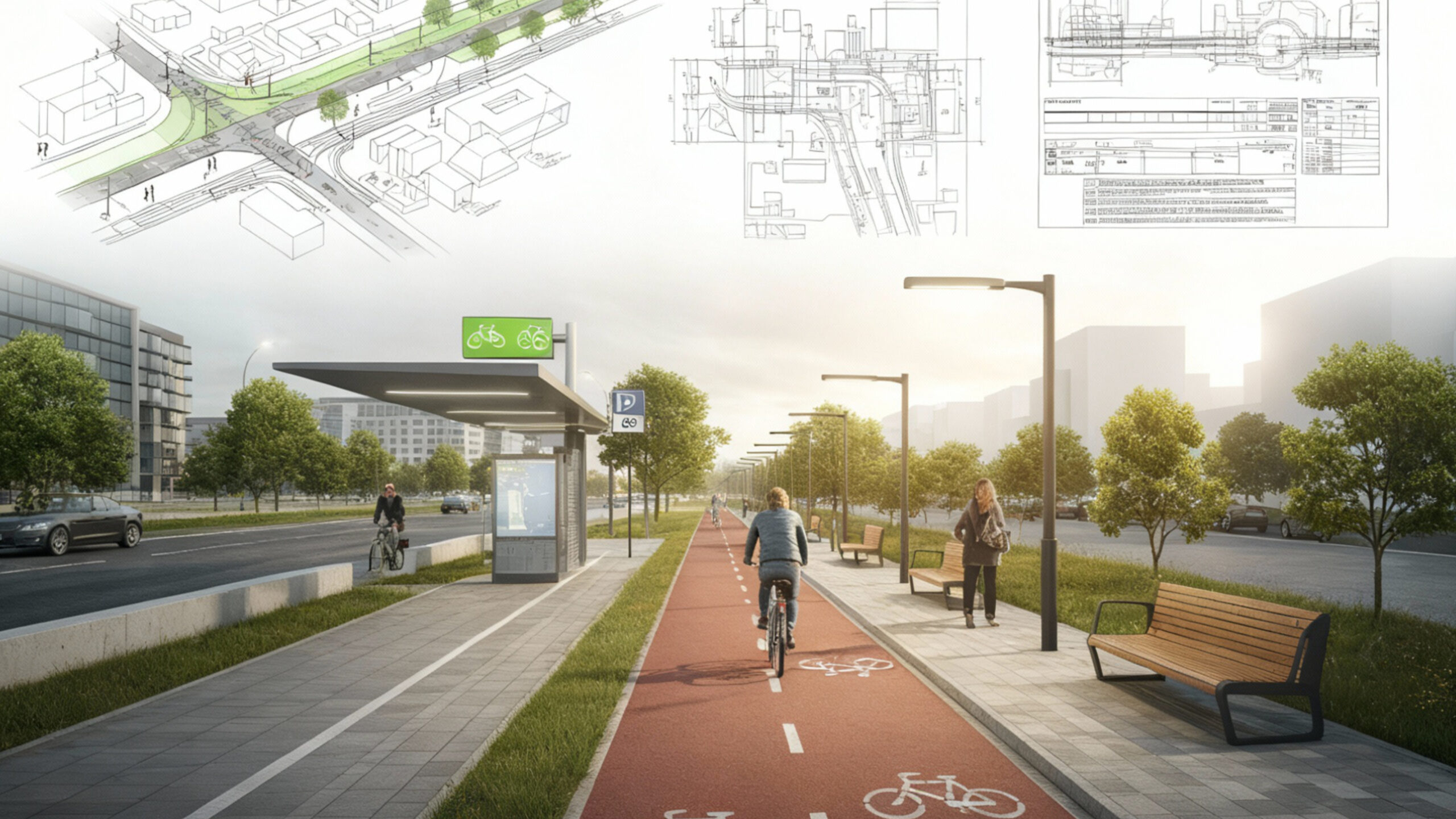 Przykładowa wizualizacja Velostrady nr 5 z czerwoną ścieżką rowerową, rowerzystą, przystankiem autobusowym i planem technicznym w tle - projekt Collect Consulting S.A.