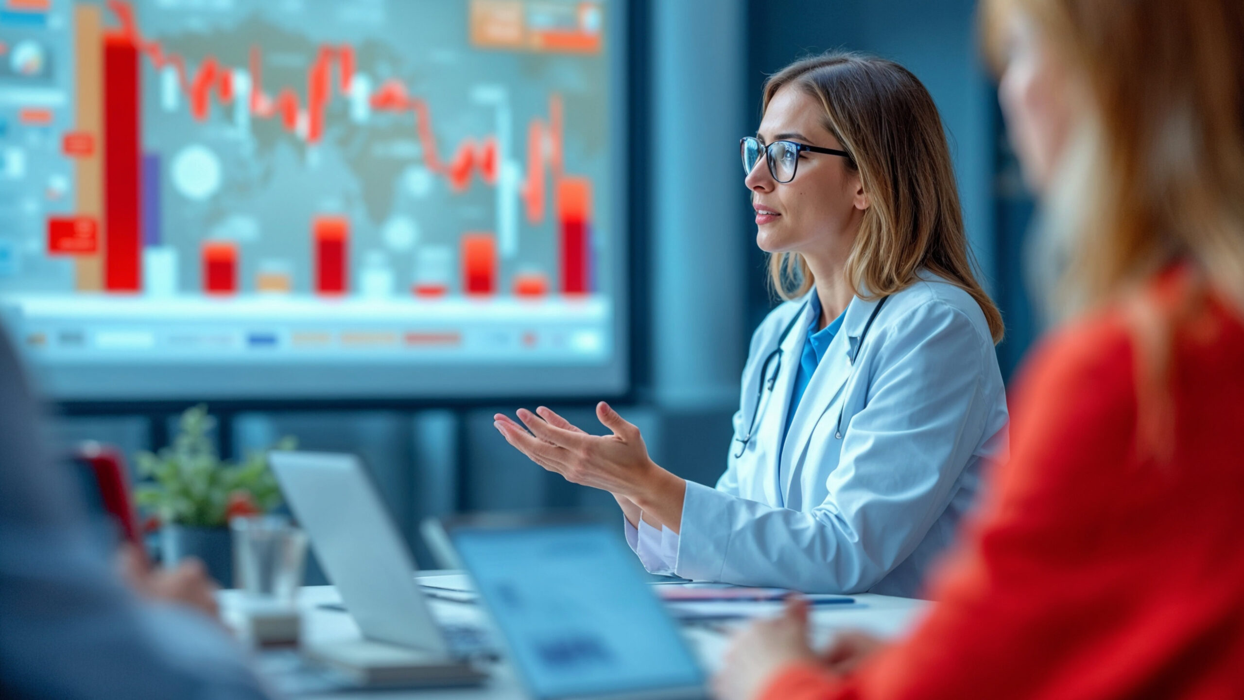 Warsztaty FESL 8.5 organizowane przez Collect Consulting o e-zdrowiu - ekspertka prowadzi prezentację biznesową z wykresami danych medycznych w tle