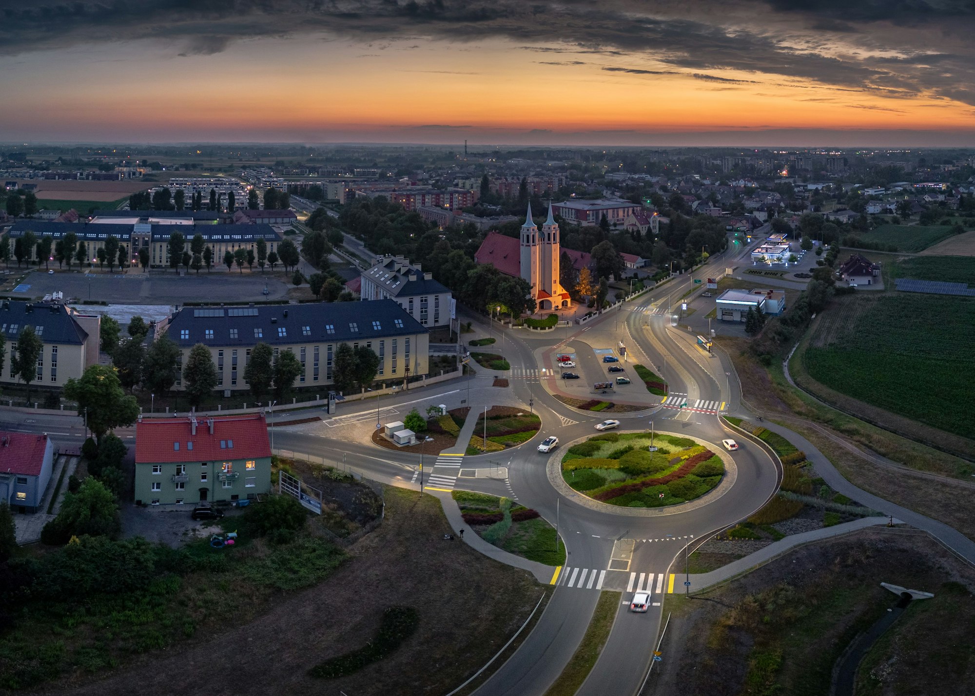 Aerial view of a bustling city intersection in the evening in Opole, Poland