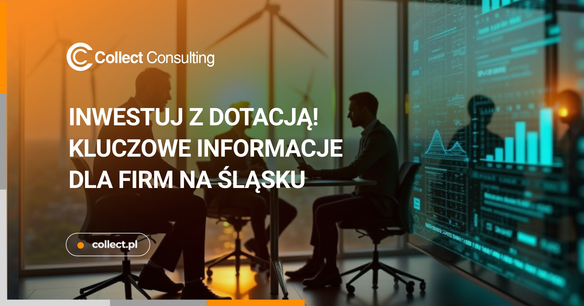 Obraz przedstawiający spotkanie biznesowe w nowoczesnym biurze z ekranem wyświetlającym dane finansowe. W tle widoczne są turbiny wiatrowe, symbolizujące transformację energetyczną i ekologiczną.