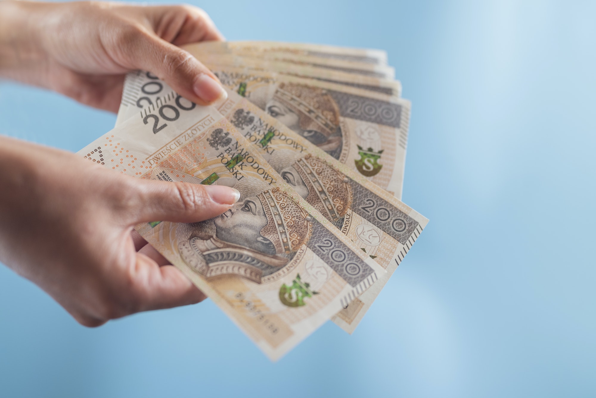 the girl holds in her hands a wallet and zloty paper banknotes for payment